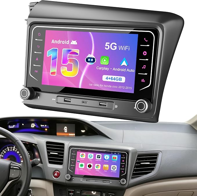 5G WiFi Upgrade Android 15 Car Radio for Honda Civic 2012 2013 2014 2015, 7 Inch IPS Touch Screen with Wireless CarPlay Android Auto, GPS/Bluetooth/FM/SWC/Type C/1080P Backup Camera, 4+64G