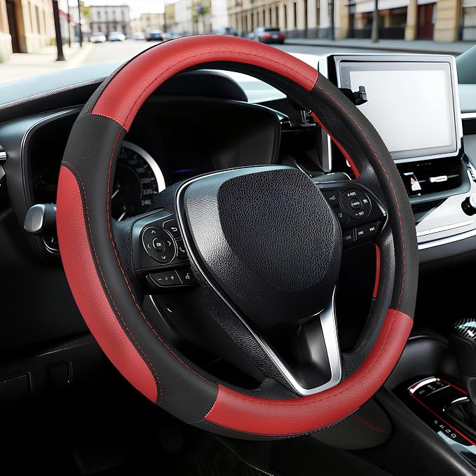 Car Steering Wheel Cover for F-150 Tundra Range Rover 15.5-16 inch, Black and Red Microfiber Leather