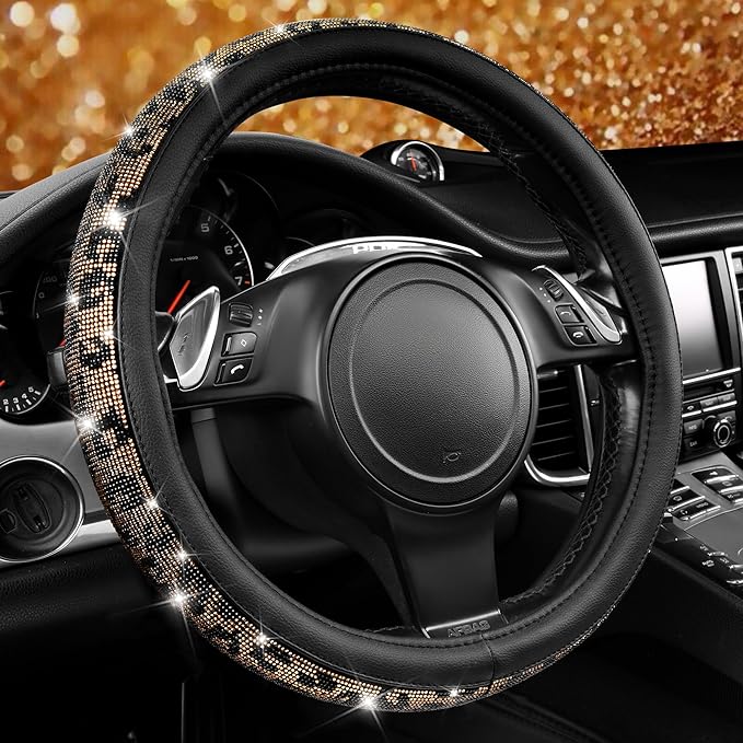 Bling Diamond Steering Wheel Cover Leopard Pattern, Sparkly Crystal Glitter Rhinestones Black Leather Wheel Protect for Women Girl Fit Suvs,Vans,Sedans,Cars,Trucks, 14" 1/2-15" Gold Leopard