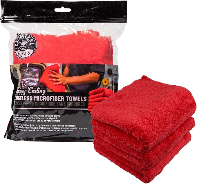 Happy Ending Edgeless Microfiber Towels 16 x 16 Inch Premium Plush Detailing Cloths for Wax Buffing Polish Sealant Interior and Exterior Car Care 3 Pack