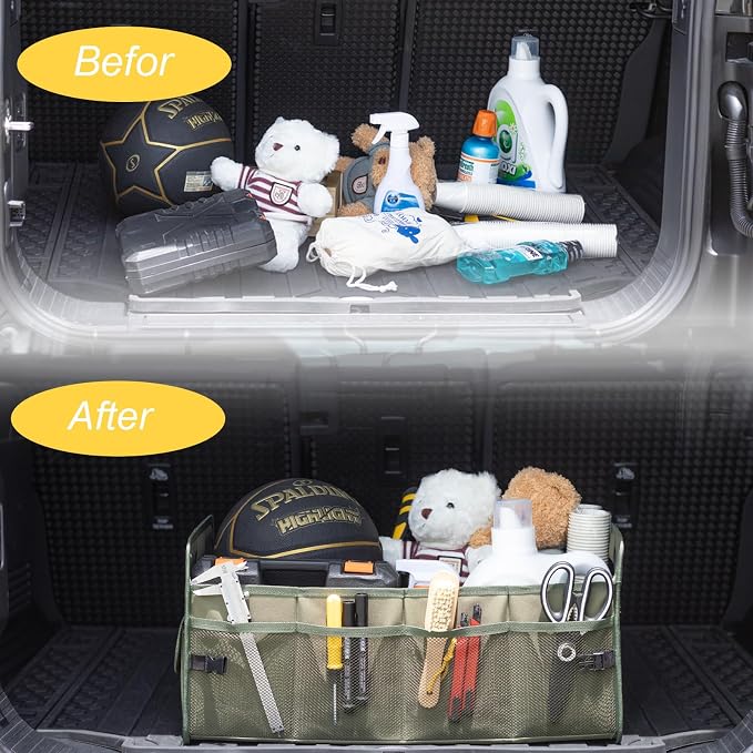 Car Trunk Organizer, Car Organizers and Storage Collapsible Multi Compartment Container Box, Adjustable Car Accessories for SUV Sedan Truck, Standard Size, Green