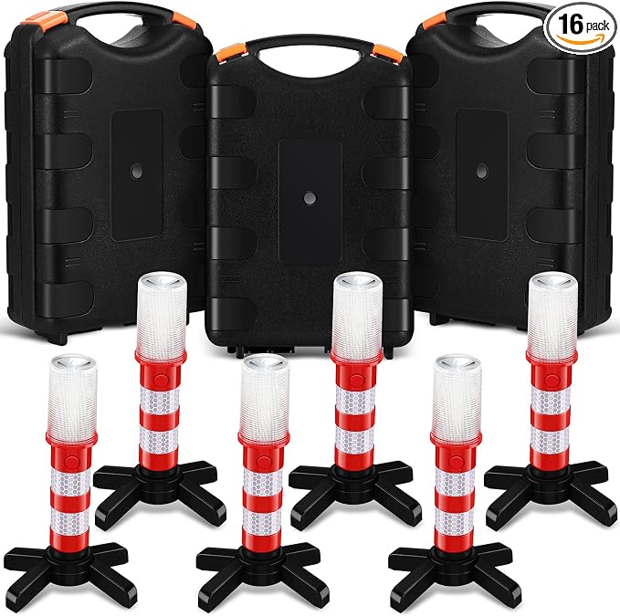 16 Pcs Emergency Roadside Flares Bulk Kit LED Safety Strobe Road Warning Light Bright Red Safety Beacon Strobe Light Roadside Flare Magnetic Base Detachable Stand Vehicle (Batteries Excluded)