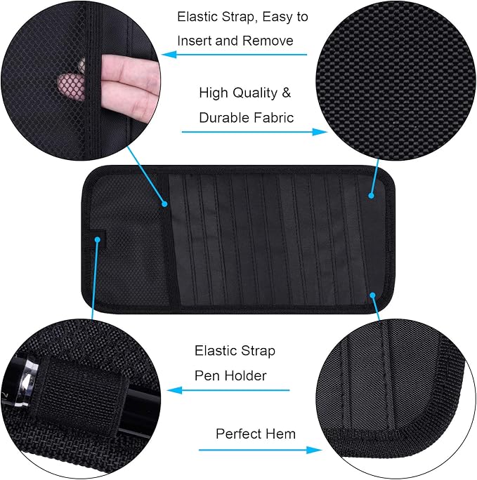 Car CD Case Holder, Vehicle Sun Visor Organizer for Cars with 12 DVD Storage Sleeves, 1 Mesh Pocket, 1 Pen Holder and Elastic Strap, Black