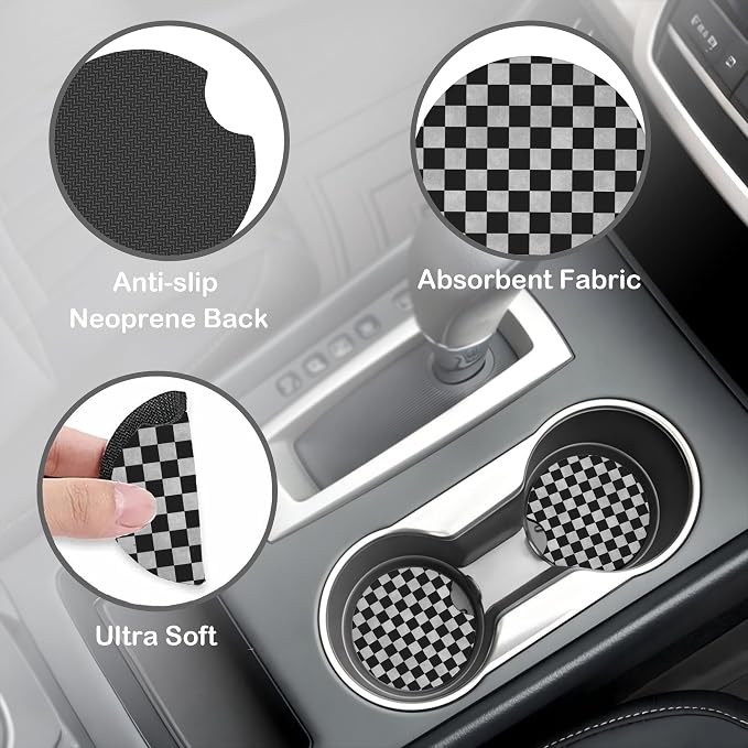 Black and White Checkered Steering Wheel Cover for Women, Anti-Slip Car Steering Wheel Cover with 2 Pcs Cup Holders Neoprene Breathable Car Accessories Universal 15 Inch Auto Interior Decor