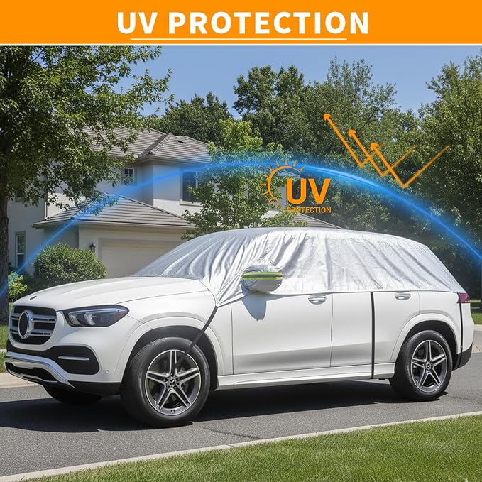 Half Car Cover for Windshield Ice & Snow - Windshield Snow Cover with Hail Protector, All-Weather Car Cover Fit for Cars & SUVs with Reflective Straps (Sedan)