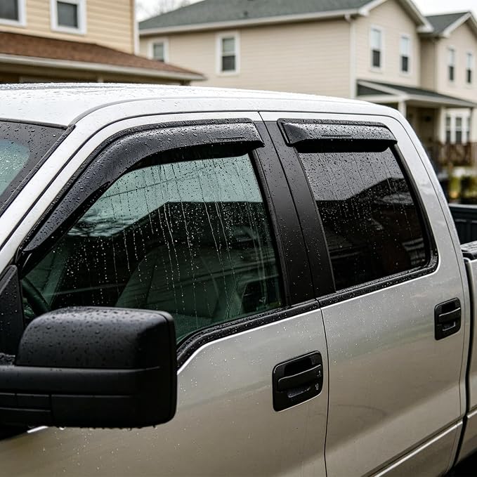 Side Vent Window Visors Wind Deflectors Guard Shade for F150 SuperCrew/Crew Cab Sun Rain Guards 2009-2014,Tape On Smoke Out-Channel Vent Deflector,Weatherproof Side Window Deflector,4PC-Set 94155