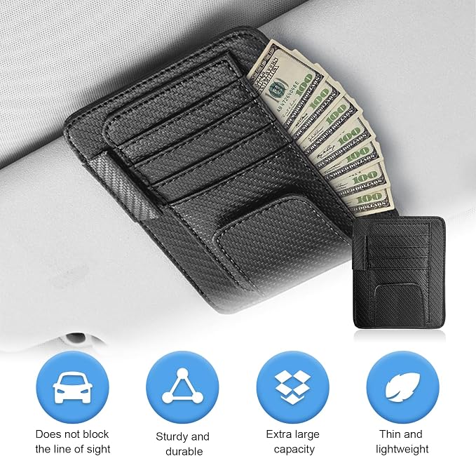 Car Sun Visor Organizer, Auto Visor Organizer and Storage, Registration and Document Holder, Vehicle Accessories for Sunglasses Document Card Pen Driver License (Carbon Fiber Black)