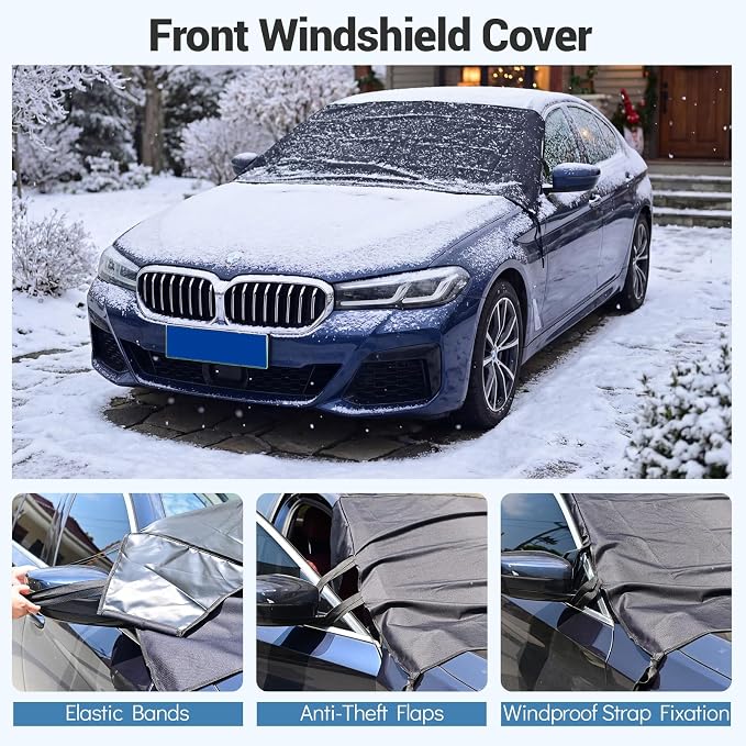 All Wrapped Car Windshield Snow Cover, 600D Oxford Front & Rear Ice Frost Protectors with Side Mirror Covers & Storage Bags, All Weather Windscreen Cover for Most SUVs, Vans & Trucks