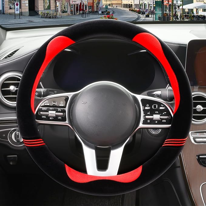 Furry Cute Soft Steering Wheel Cover 14 inch Black with Red | Fluffy Short Plush Car Accessories, Non-Slip Cold-Proof Sweat-Proof Colorfast, Small 13.5 inch to 14 inch