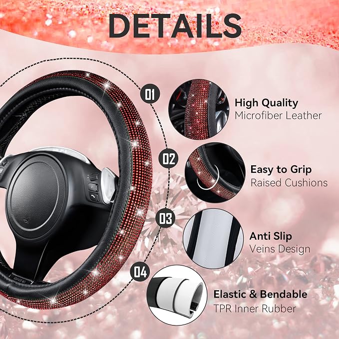 11 PCS Bling Red Steering Wheel Cover Set for Women, Sparkly Rhinestone Diamond Bling Seat Belt Cushion, Glitter Shift Knob Cover, Car Cup Holder Coaster, Cute Interior Sets Red 14.5"-15"
