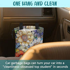 Car Garbage Bag Bright Yellow White and Blue Floral Hanging Canvas Car Trash Bag Drawstring Car Back Seat Organizer for Car Back Front Seat Console with Adjustable Buckle