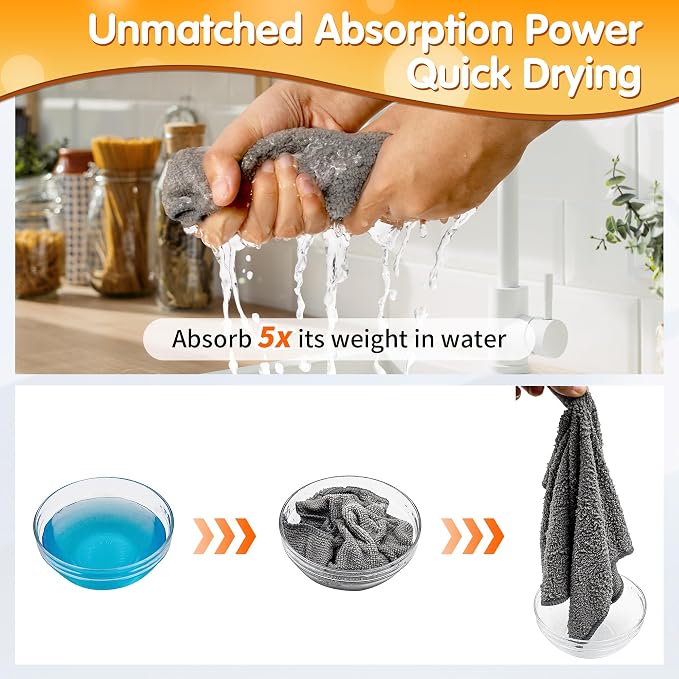 Microfiber Cleaning Cloth -Pack of 8, Highly Absorbent Cleaning Rags(Grey&Orange), 16"X12" All Purpose Cleaning Towels for Housekeeping, Kitchen, Car, Reusable Microfiber Towels