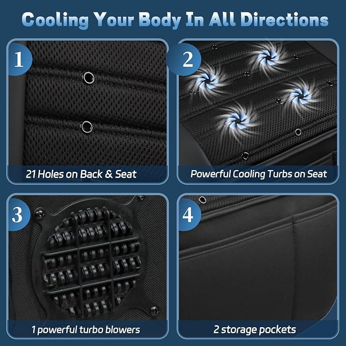 vokoroad Cooling Car Seat Cover Cushion for Front Seats, 12V-24V Adjustable Temperature Ventilated Summer Cooling Car Seat Cushion, Ventilate Breathable Universal Fit for Automotive Truck SUV Van