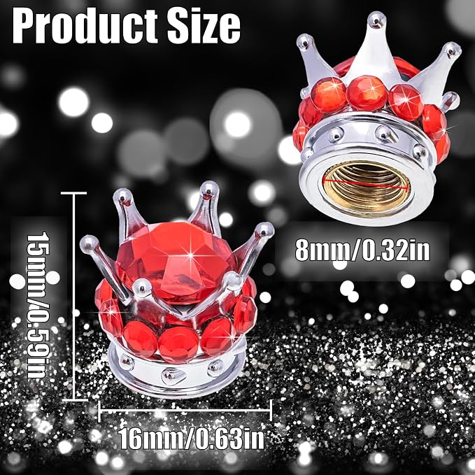4PCS Crown Bling Tire Stem Valve Caps, Crystal Diamond Car Wheel Tire Valve Caps Universal Copper Core Stem Covers for Cars, SUV, Trucks, Bikes, Motorcycles, Bicycles (Silver & Red)