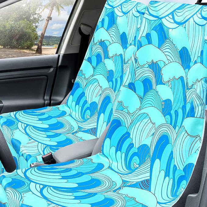 Car Seat Towel Covers with Storage Bag, 63 x 32 Inch Universal Non Slip Waterproof Sweat Protector for Car Truck, Gym Swimming Running, Machine Washable(2 Pack,Waves)