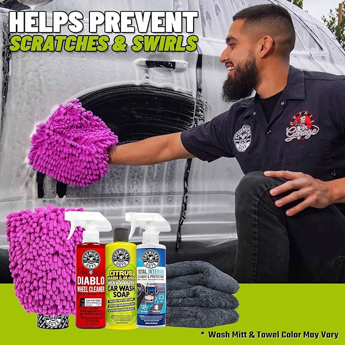Car Cleaning Kit - with Car Wash Soap, Wheel Cleaner, Total Interior, Car Wash Mitt - Interior and Exterior Wash Kit with Vehicle Cleaning and Detailing Accessories - 7 Item Kit