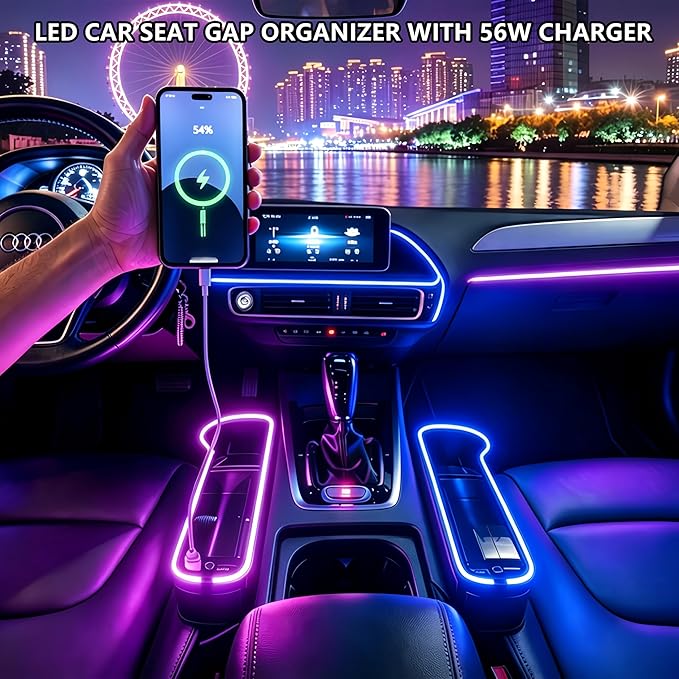 7 Color Led Car Seat Gap Organizer with 56W Fast Charger Car Console Organizer with Cup Holder Front Seat Gap Filler with USB Between Seat Cup Holder fit for Android iPhone (Black)