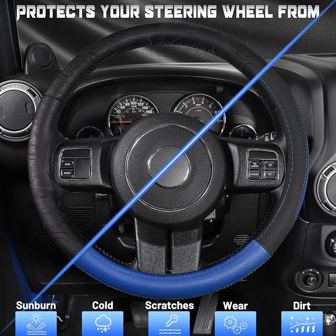 Car Steering Wheel Cover for F-150 Tundra Range Rover 15.5-16 inch, Black and Blue Microfiber Leather