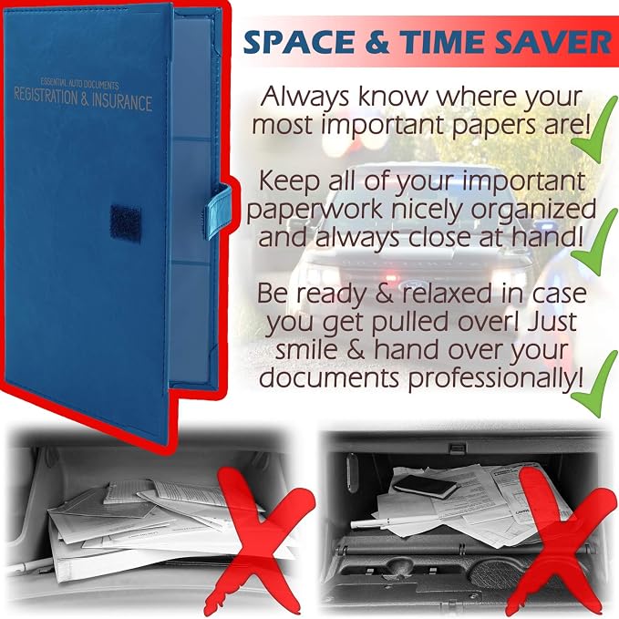 Registration and Insurance Card Holder - Car Organizer - Blue | Vehicle Glove Box Document Organizer, Auto Essential Paperwork Holder for Contact Information Cards, Interior Car Accessories