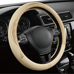 Steering Wheel Cover, Gold Patterned Leather Patchwork Design, Universal Fit 14.5"–15.5", Anti-Slip, Odor-Free, Soft PU Grain Leather, Durable Grip Car Accessory for Girls & Women