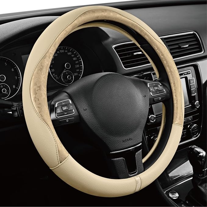 Steering Wheel Cover, Gold Patterned Leather Patchwork Design, Universal Fit 14.5"–15.5", Anti-Slip, Odor-Free, Soft PU Grain Leather, Durable Grip Car Accessory for Girls & Women