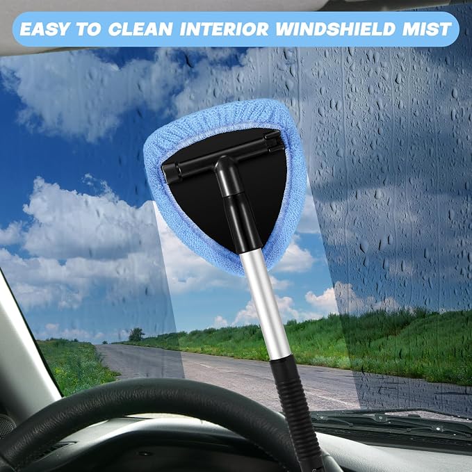 10 Pcs Windshield Cleaner Tool Car Window Cleaning Supplies with Extendable Handle Include 6 Washable Microfiber Bonnets 2 Empty 60ml Spray Bottle Glass Wiper Kit(Light Blue)