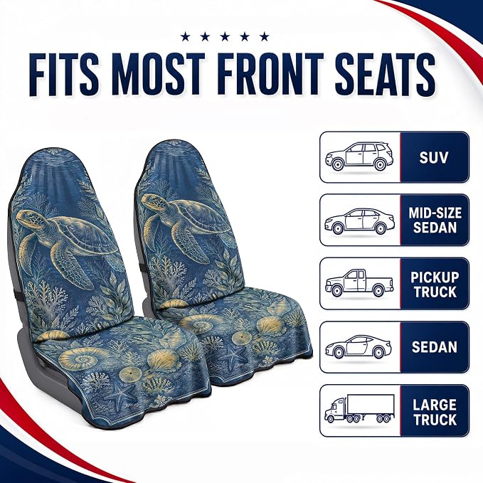 Car Seat Towel Cover 2 Pack for Front Seats, Sweat Absorbent Car Seat Protector with Non-Slip Backing, Waterproof Towel Car Seat Covers for Runners, Gym, Swimming, Beach, Vintage Sea Turtle