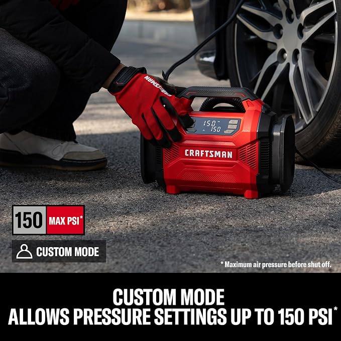 Dual Power Tire Inflator with Digital Gauge & Auto Shut-Off | 12V DC Car Plug and 120V AC Home Use with Up to 150 PSI, LED Light, Portable Air Pump for Car Tires, Bikes and Inflatables