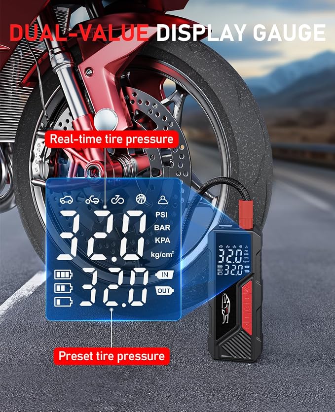 Dual Power Tire Inflator Portable Air Compressor, 12V DC & Battery Air Pump | 150PSI, Cordless, Pressure Gauge, Auto Shutoff, LED Light, One-Click Start, for Car, Motorcycle, Bike, Sports Ball