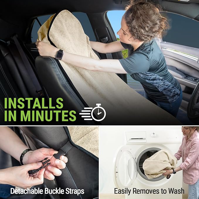 Towel Seat Cover, Waterproof Car Seat Protectors for Gym, Workout & Active Lifestyle, Universal Fit for Car SUV Truck Van, Non-Slip 3 Strap Design, Machine Washable, 2 Pack Tan