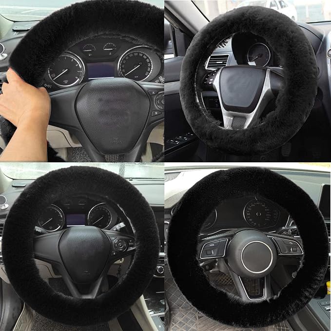 Fluffy Steering Wheel Cover for Women Fuzzy Steering Wheel Cover Winter Warm Faux Wool Plush Car Wheel Cover Furry Steering Wheel Protector Universal Fit 15 Inch (Black)