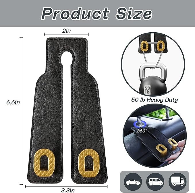 Car Headrest Hooks Universal Car Purse Hook Premium Leather and Alloy Twin Hook Car Seat Back Storage Hanger Hook for Purse Bags Cloth Drink Durable Holder Car Accessories (BH09-Black-Gold-4 Pcs)