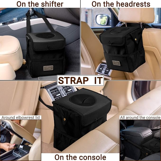 Car Trash Can [Touring Edition] - Removable Liner - 100% Leakproof, Odor Control Lid, Hanging Garbage Bin for SUV, Truck, Car (2 Gal, Black)