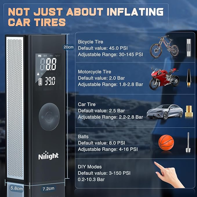 Tire Inflator Portable Air Compressor Battery Powered Rechargeable 12VDC 150PSI Cordless Tire Pump w/Digital Pressure Gauge 2X Faster Inflation Air Pump for Car Motorcycle