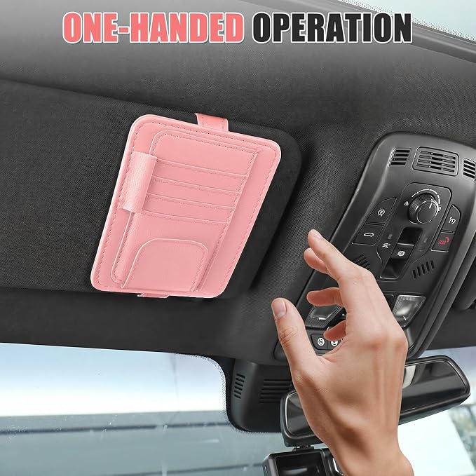 Sunglass Holder for Car Visor, Multi-Pocket Leather Car Sun Visor Organizer with Ticket Pens Card Clip, Sunglasses Holders,Suitable for All Size Eyeglasses,Car Accessories Keep Tidy (Pink)