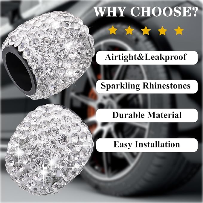 4PCS Bling Crystal Diamond Tire Stem Valve Caps, Dustproof Car Wheel Tire Valve Caps Universal Tire Valve Stem Covers for Cars, SUV, Trucks, Bikes, Motorcycles, Bicycles (White)