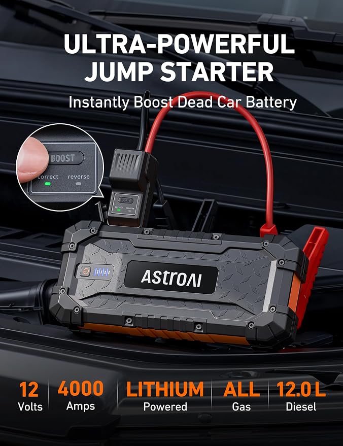 S8 Ultra Car Jump Starter, 4000A Safe 12V Battery Booster Pack (All Gas/12L Diesel), Portable Jump Box with Smart Jumper Cables, Type-C/USB, Flashlight, Rugged Protection & Storage Bag, Orange