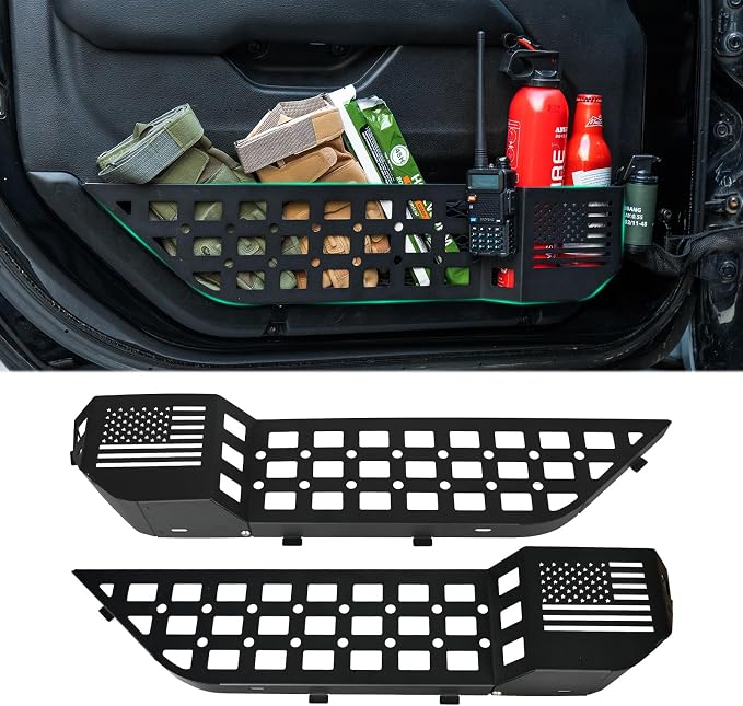 FURYENGRAVER Metal Front Door Storage Box Pockets Door Side Insert Organizer with Cup Holder Compatible with 2018-2024 Jeep Wrangler JL JLU & 2020-2024 Gladiator JT Interior Accessories, 2pcs