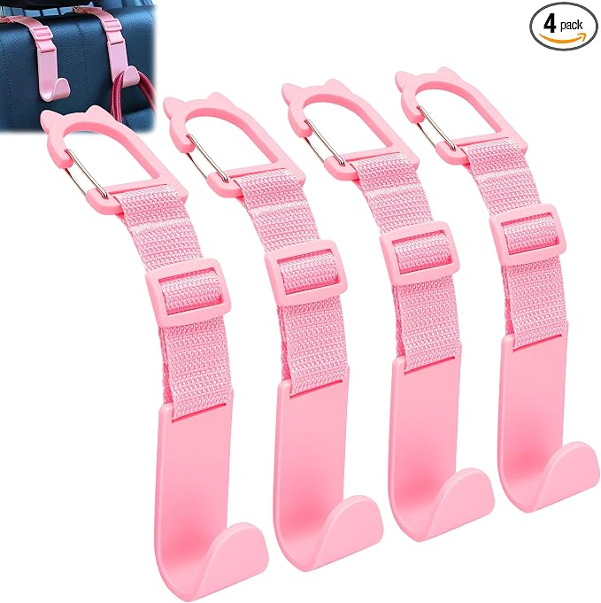 Car Headrest Hooks 4 Pack Adjustable Universal Fit Auto Seat Back Organizer Storage Hanger Purse Bags Holder with Clip Pink