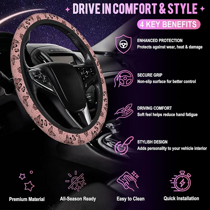 Pink Butterfly Leopard Print Steering Wheel Cover for Women Men Neoprene Breathable Wheel Cover Protector Anti-Slip Car Accessories Universal 15 Inch Fit for Cars Trucks Vehicles