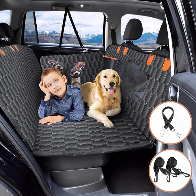 Back Seat Extender for Dogs-Supports 400lb,Waterproof Dog Car Seat Cover Hard Bottom-Detachable,600D Heavy Duty Scratch Proof Nonslip Soft,Dog Hammock for Car,SUVs