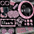 27-Piece Bling Car Accessories Set - Universal Fit Steering Wheel Covers, License Plate Frames, Phone Holder, Car Fast Charger, Coasters (Pink)