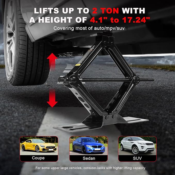 Car Jack 2Ton/4409 lbs Universal Scissor Jack with Rubber Pad, Portable Tire Changing Kit with Lug Wrench, Emergency Kit for Sedan SUV MPV