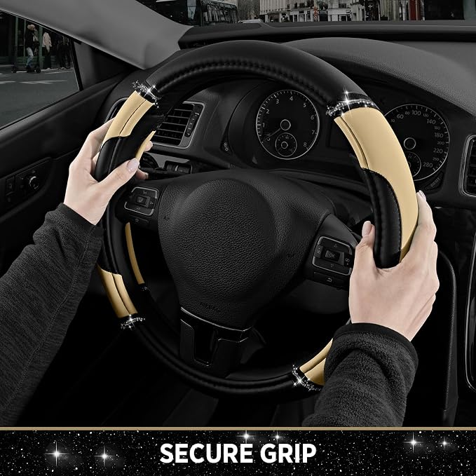 Leather Steering Wheel Cover - Made with PVC Leather - Anti-Slip, Universal Fit 14 1/2 inches to 15 inches - Beige
