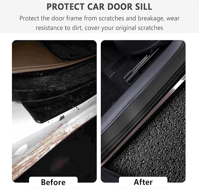 4PCS Car Door Sill Protector with Scraper,Carbon Fiber Car Door Protector Edge Guards for Front Rear Door Sills,Universal Anti-Scratch Car Door Threshold Strips (4D Black)