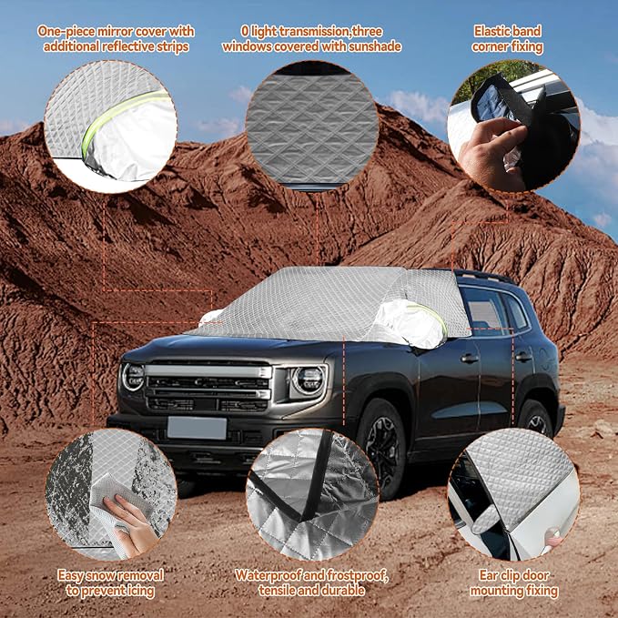 Windshield Window Snow Cover with 2 Hooks and 2 Mirror Covers Ice and Snow Front Window Sunshade Cover Fit for SUVs, Trucks, Cars (White-SUVs)