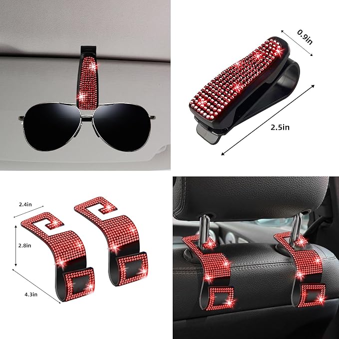 27 PCs Red Bling Car Accessories Set for Women, Steering Wheel Covers Universal Fit 15 Inch, Bling License Plate Frame, Bling Phone Holder, Bling Car Coasters (Red Diamond)