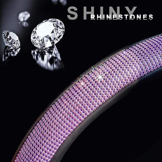 New Diamond Leather Steering Wheel Cover with Bling Bling Crystal Rhinestones, Universal Fit 15 Inch Car Wheel Protector for Women Girls Purple Diamond