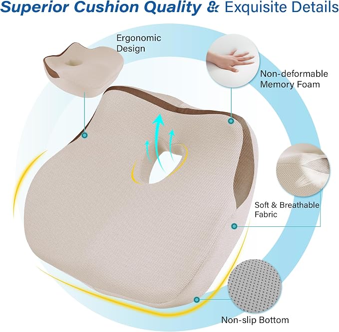 Car Seat Cushion for Driving, Car Seat Pillow for Short Drivers | Ergonomic Memory Foam Seat Cushion for Pain Relief, Adult Booster Seat for Car, Butt Cushion for Car, Truck, Office, Beige