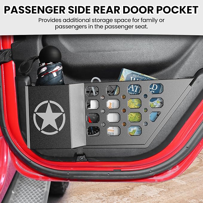 Metal Rear Door Pocket Storage Box for Jeep Wrangler JL JLU 4XE 2018-2026 & Gladiator JT 2020-2023 2023 2024 2025 2026 Accessories Door Storage Organizer Molle Panels, Star, 2PCS